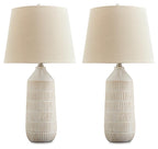 Set of 2 off-white ceramic table lamps with ribbed base and drum fabric shade