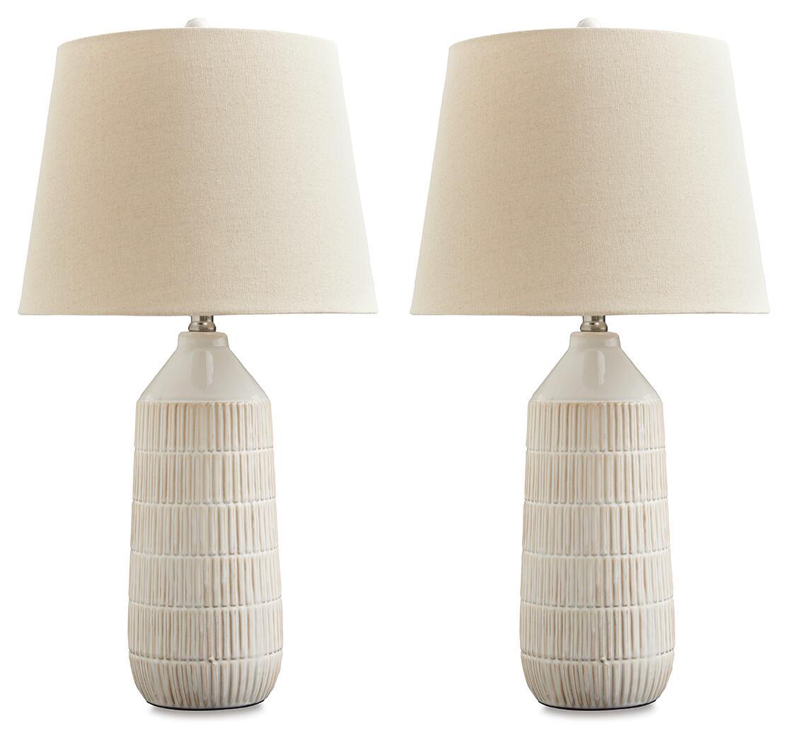 Set of 2 off-white ceramic table lamps with ribbed base and drum fabric shade