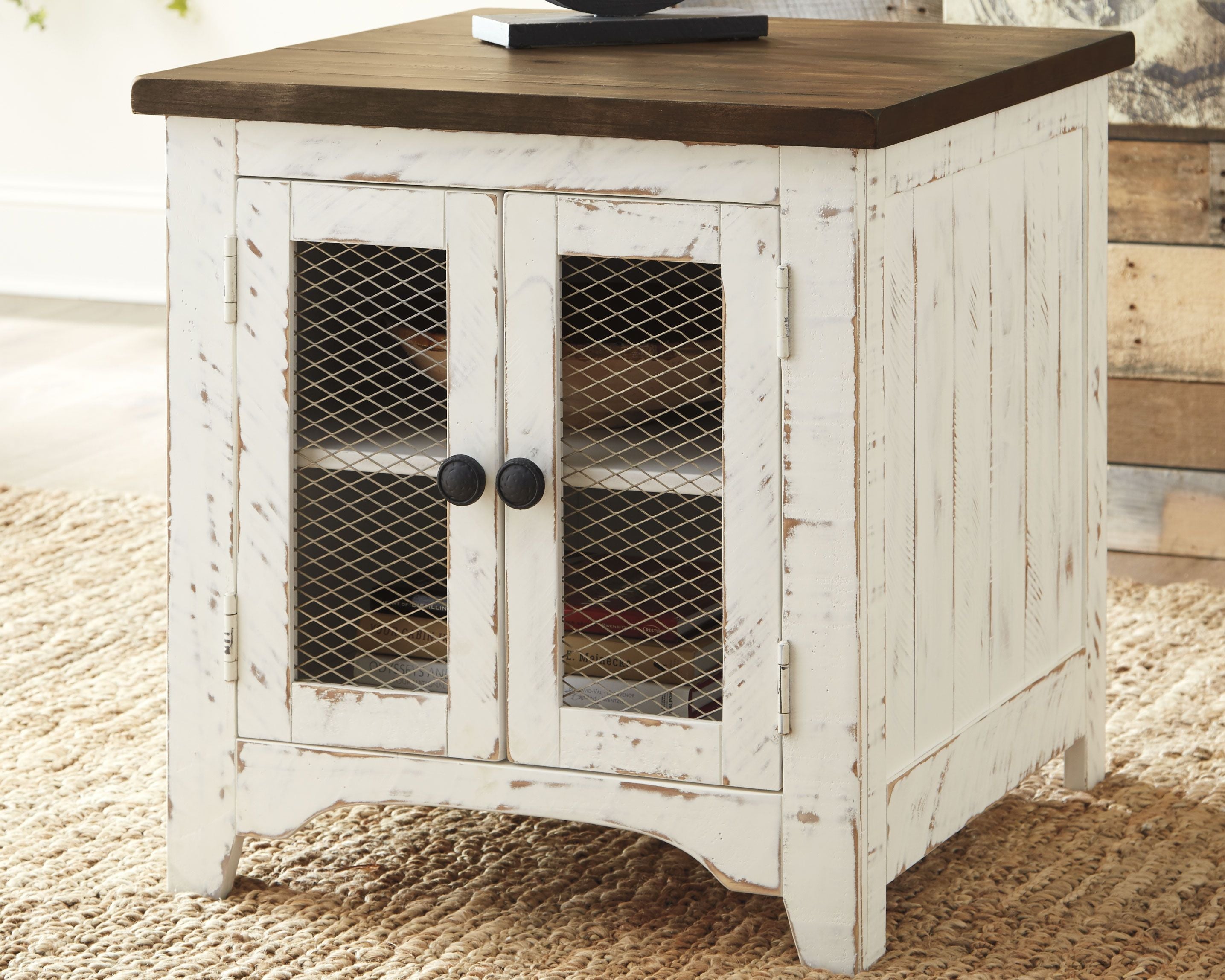Rectangular end table with two door cabinet, white distressed finish, round dark handles