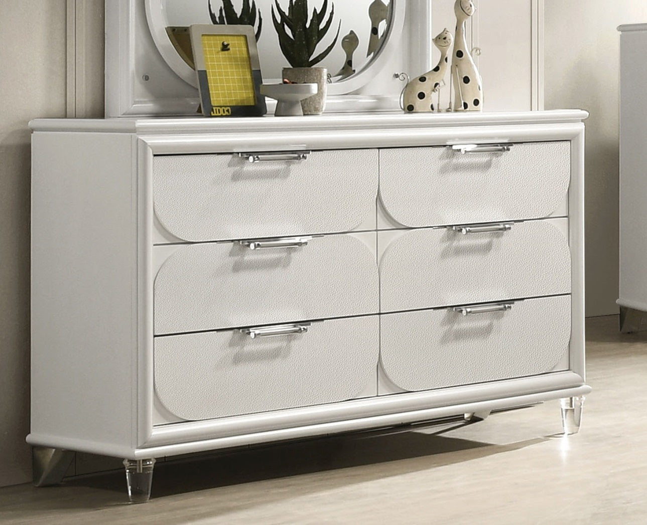 Glam Pearl White Dresser: Acrylic Handles, Hidden Jewelry Drawers