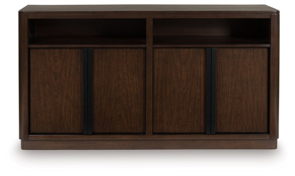 Dark brown dining room server with four panel doors and center divider