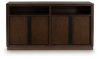 Dark brown dining room server with four panel doors and center divider