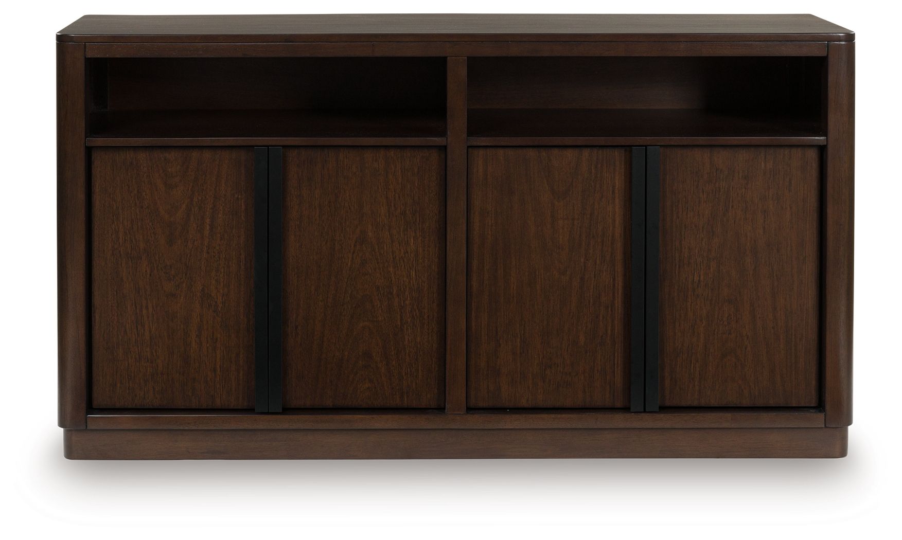 Dark brown dining room server with four panel doors and center divider
