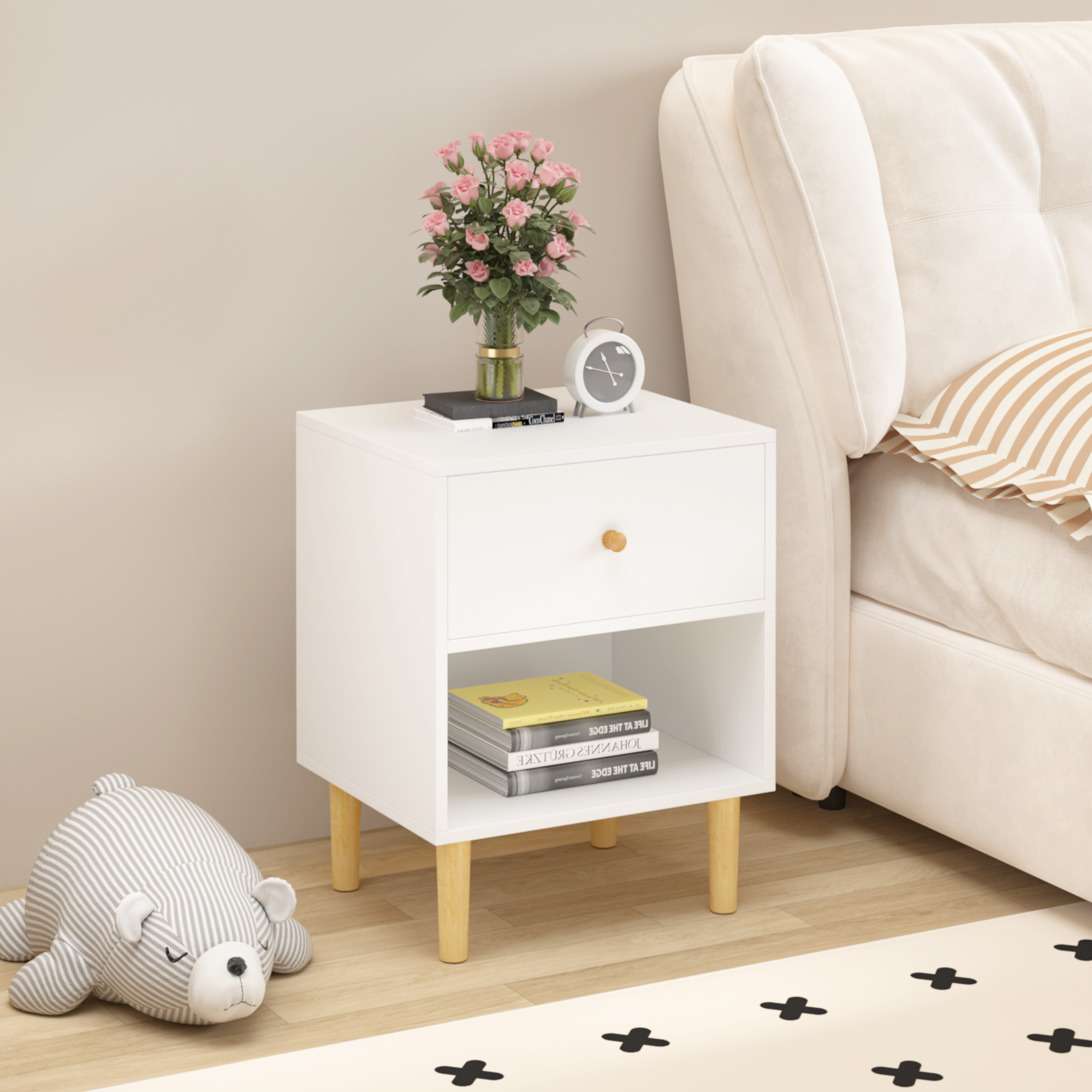 White Wooden Nightstand - 1 Drawer, 1 Shelf for Kids & Adults