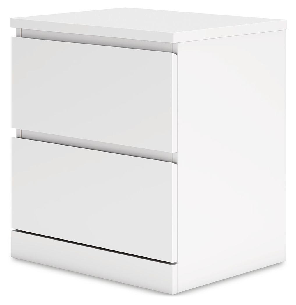 White two-drawer nightstand with centered lower drawer and long pull