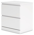 White two-drawer nightstand with centered lower drawer and long pull