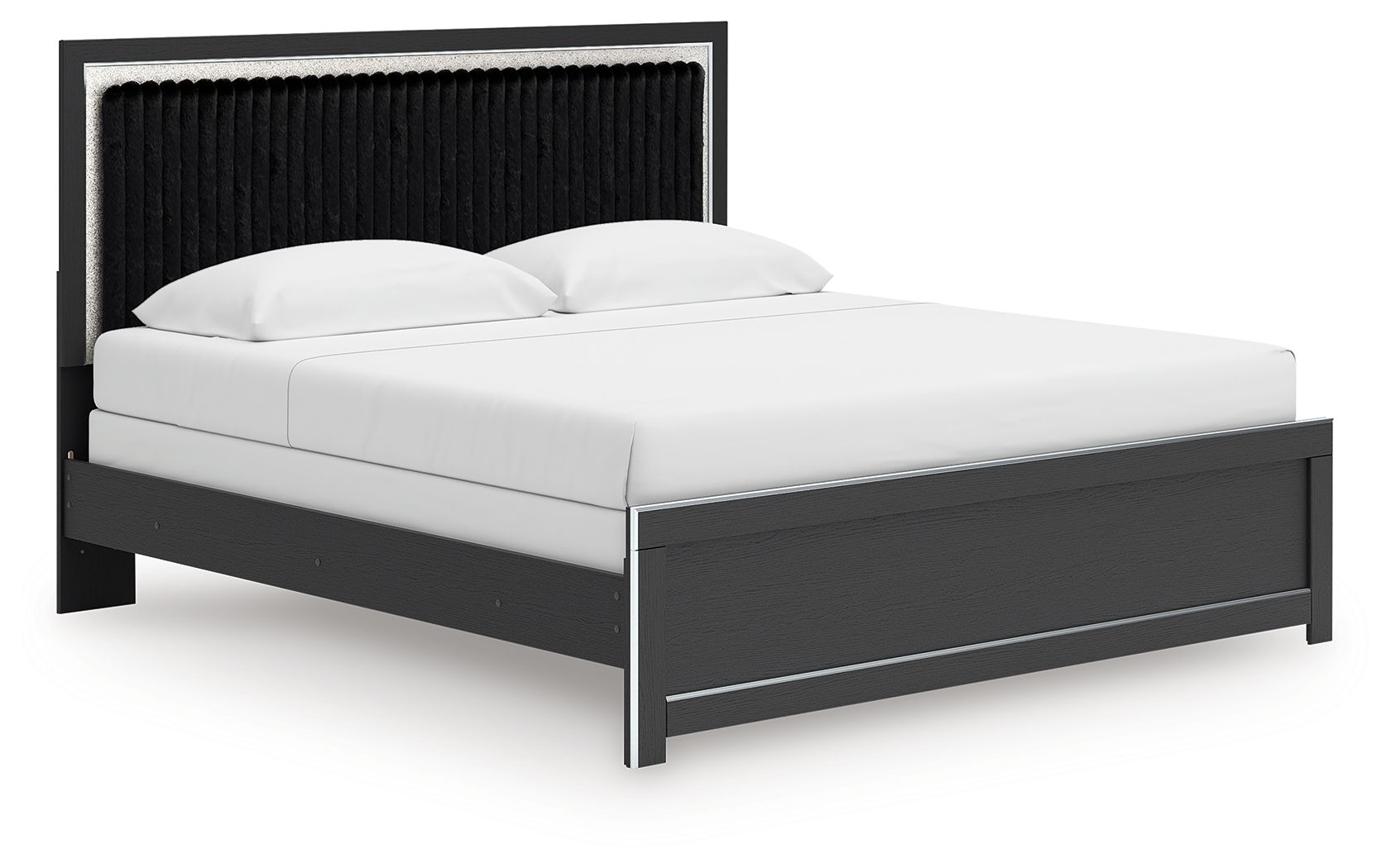 Upholstered panel bed with white bedding, black upholstered headboard, and dark platform rails