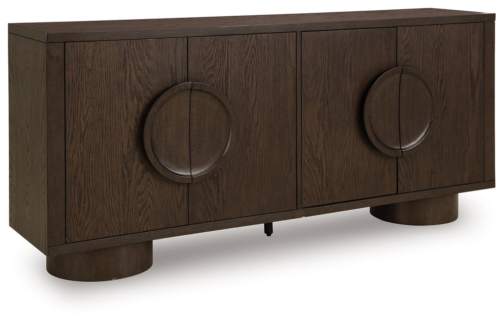 Dark brown accent cabinet with two center doors and round oval metal handles
