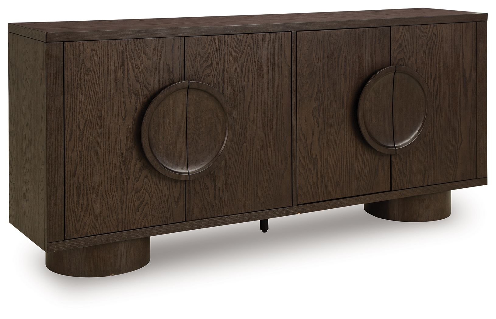 Dark brown accent cabinet with two center doors and round oval metal handles