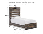 Panel bed with slatted headboard and dark wood frame, white mattress with pillows
