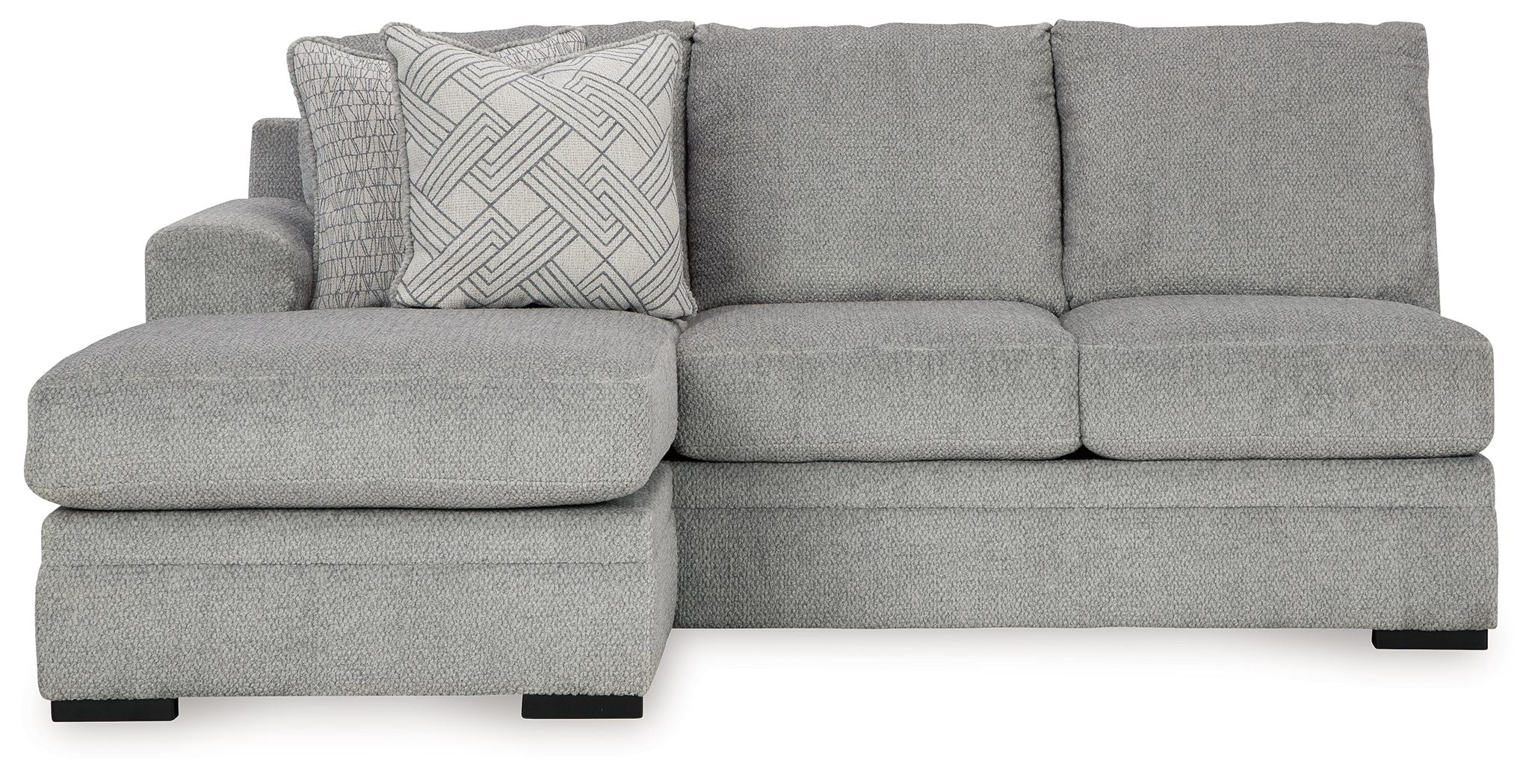 Gray sofa chaise sectional with chaise side, two seat sections and three back cushions