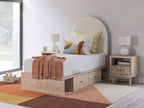 Upholstered panel bed with beige arched headboard, white mattress, front drawer storage