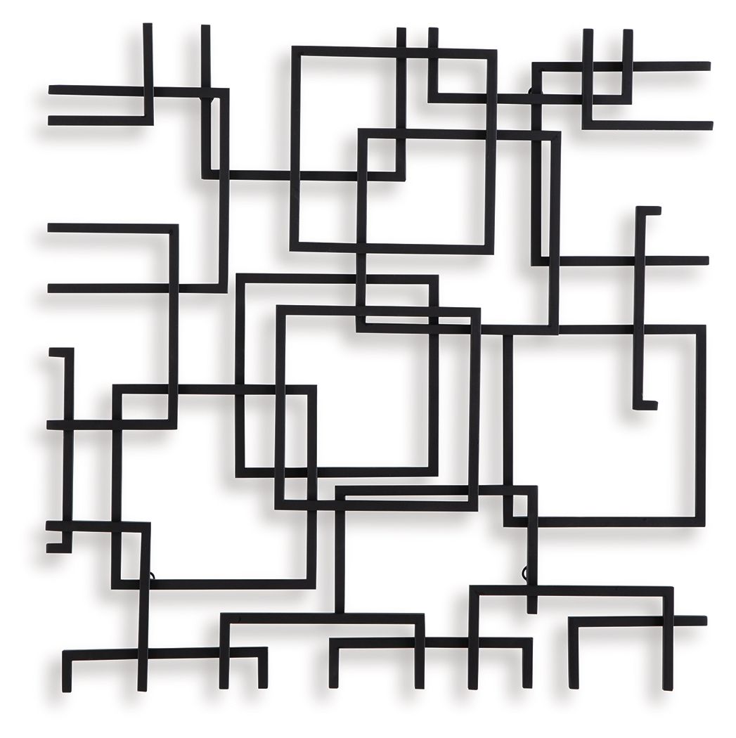 Black geometric wall decor with overlapping square frames and line bars