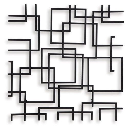 Black geometric wall decor with overlapping square frames and line bars
