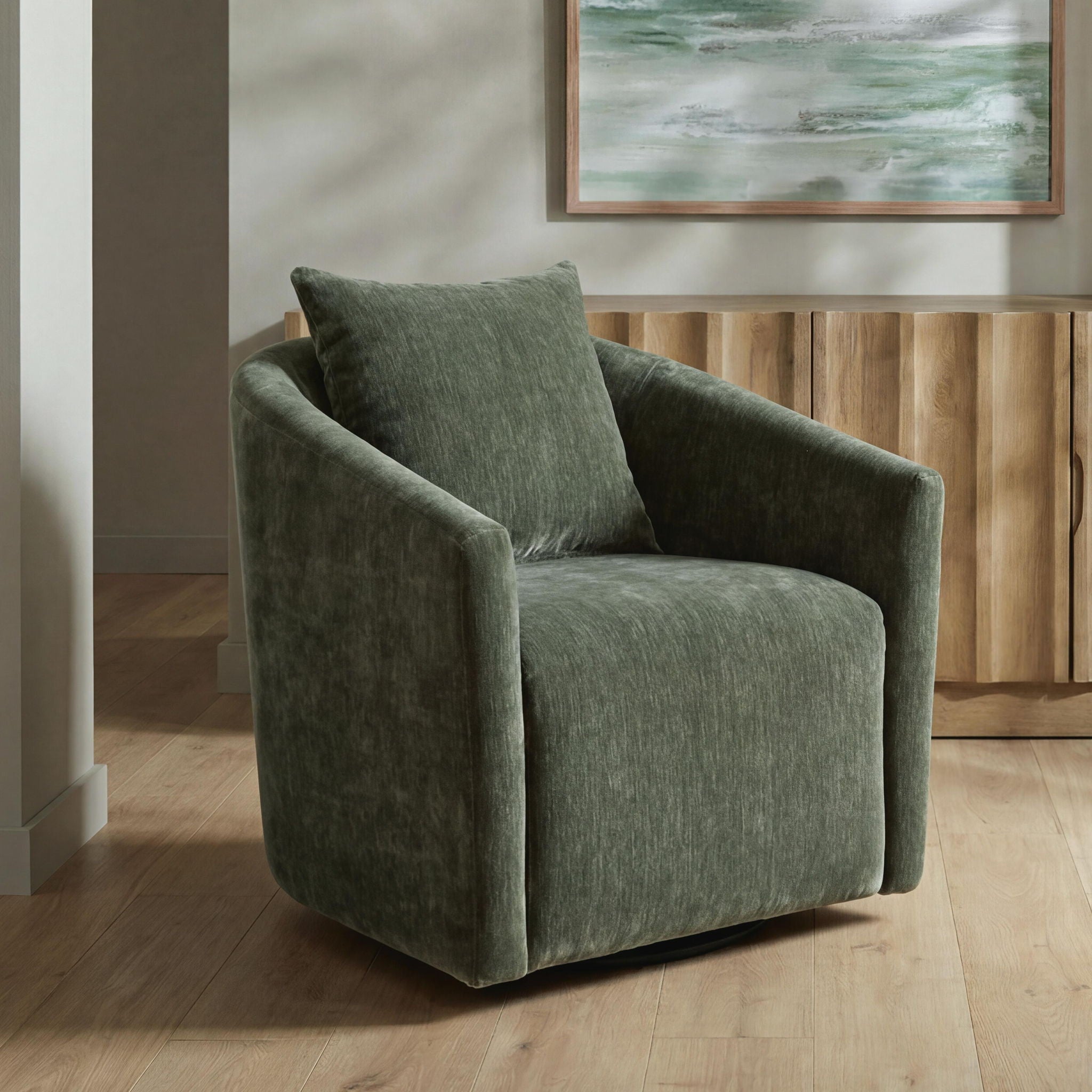 Loden green swivel accent chair with tall backrest and matching seat cushion