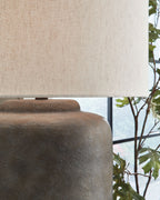 Zandophen metal table lamp base with open top, antique gray texture