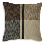 Geometric throw pillow with dark brown and beige panels and teal stripe trim