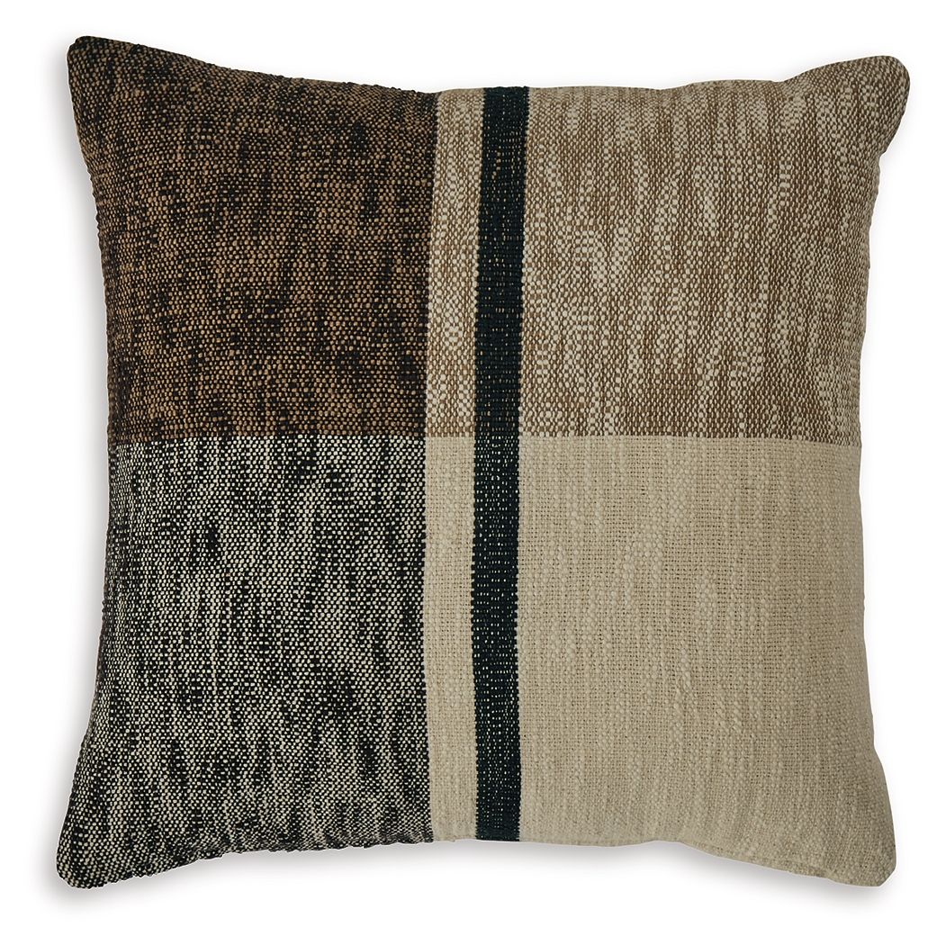 Geometric throw pillow with dark brown and beige panels and teal stripe trim