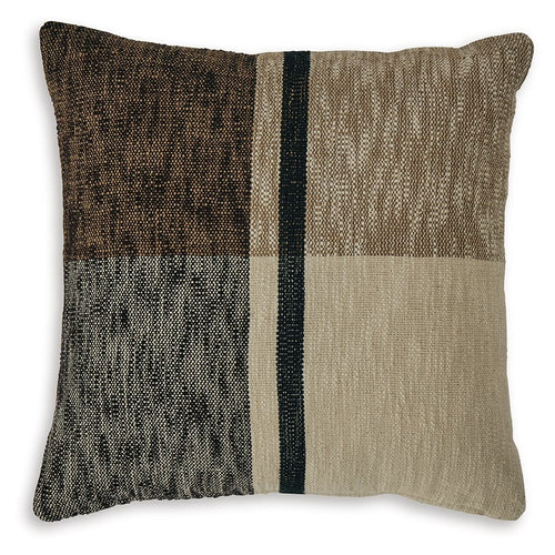 Geometric throw pillow with dark brown and beige panels and teal stripe trim