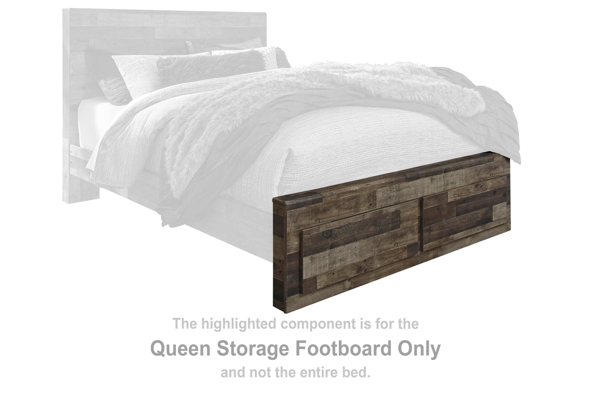 Queen storage footboard with multi-gray wood drawers