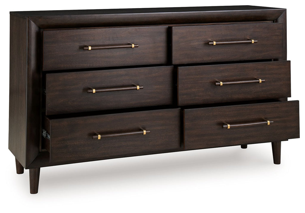 Dantenton dresser in dark brown wood with 6 drawers and brass bar pulls