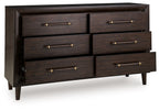 Dantenton dresser in dark brown wood with 6 drawers and brass bar pulls