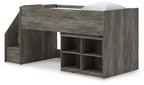 Gray loft bed with open bookcase shelves on the right and steps on the left
