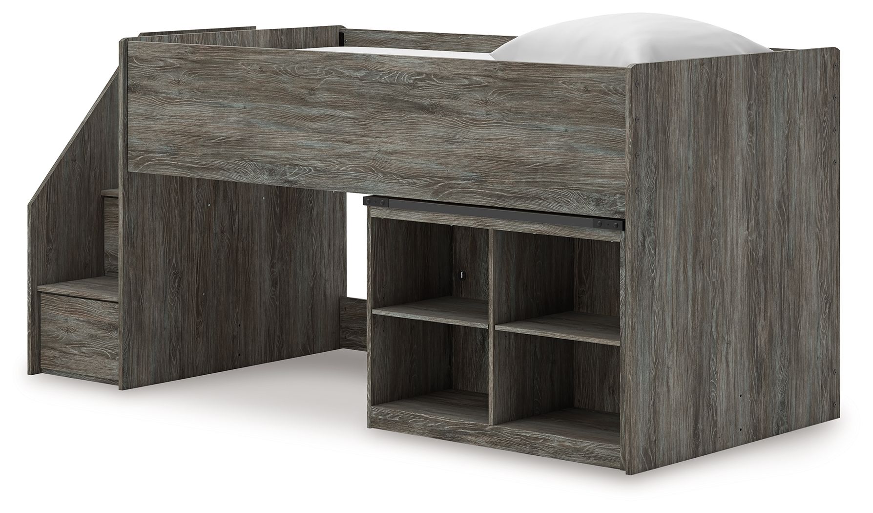 Gray loft bed with open bookcase shelves on the right and steps on the left
