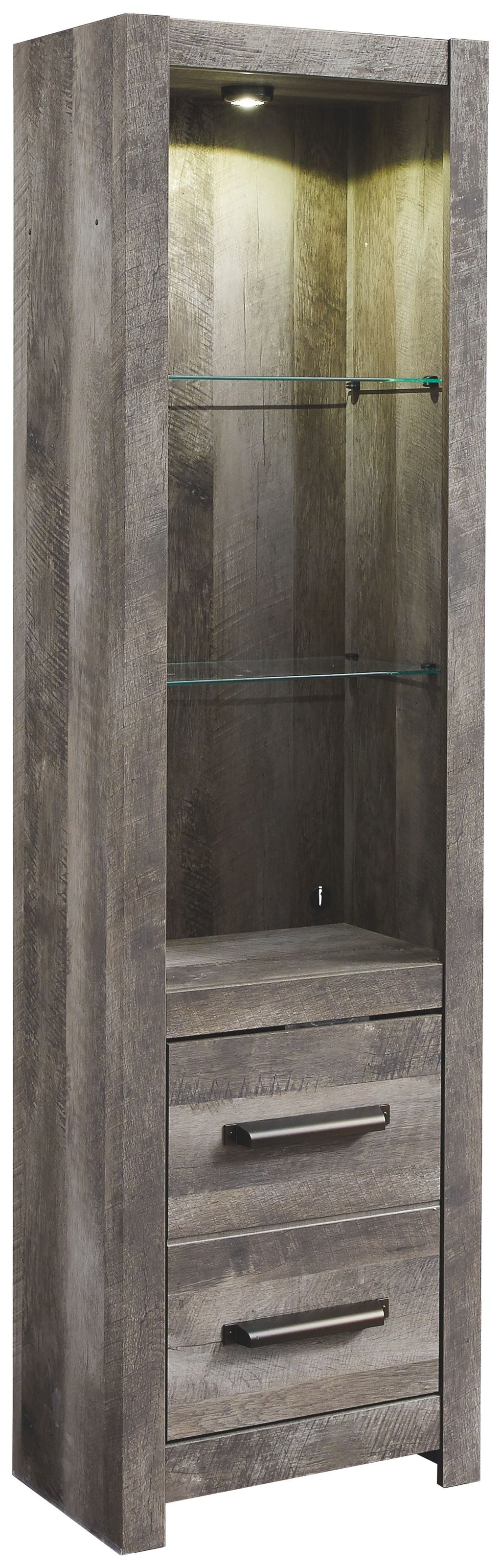 Dark gray cabinet with two drawers and two interior shelves, open front