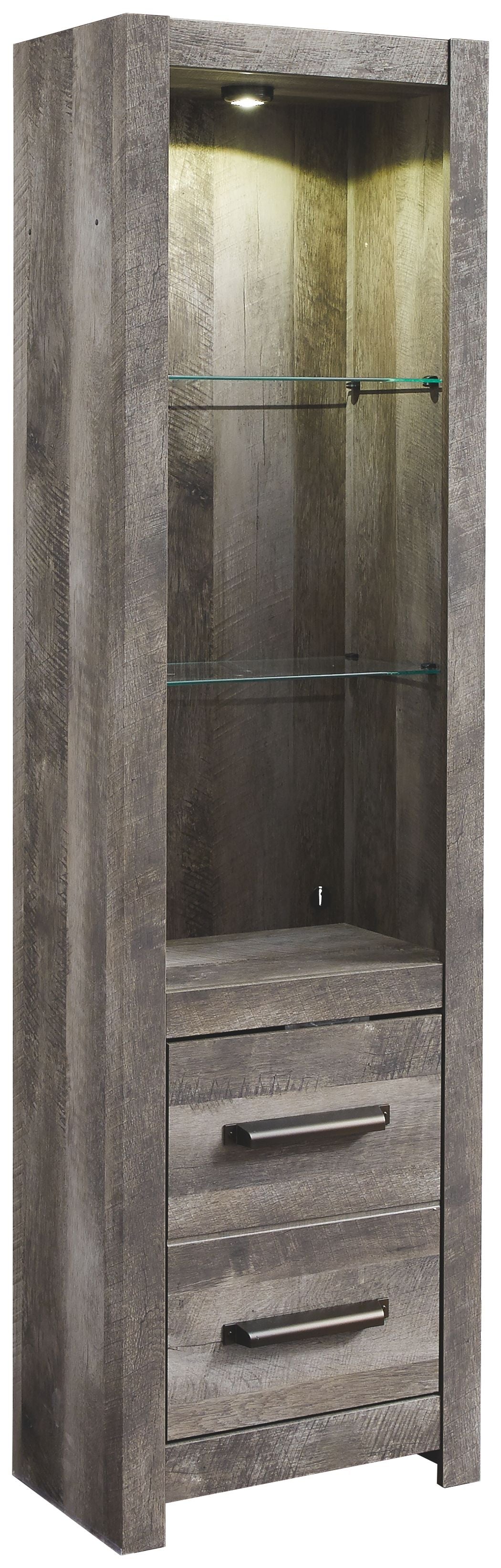 Dark gray cabinet with two drawers and two interior shelves, open front