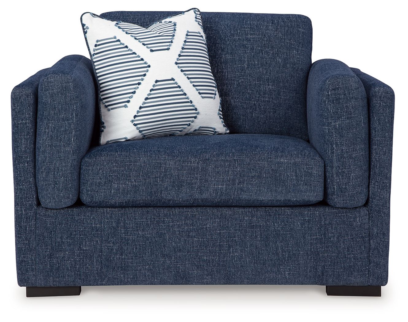Blue armchair with square arms and a striped throw pillow