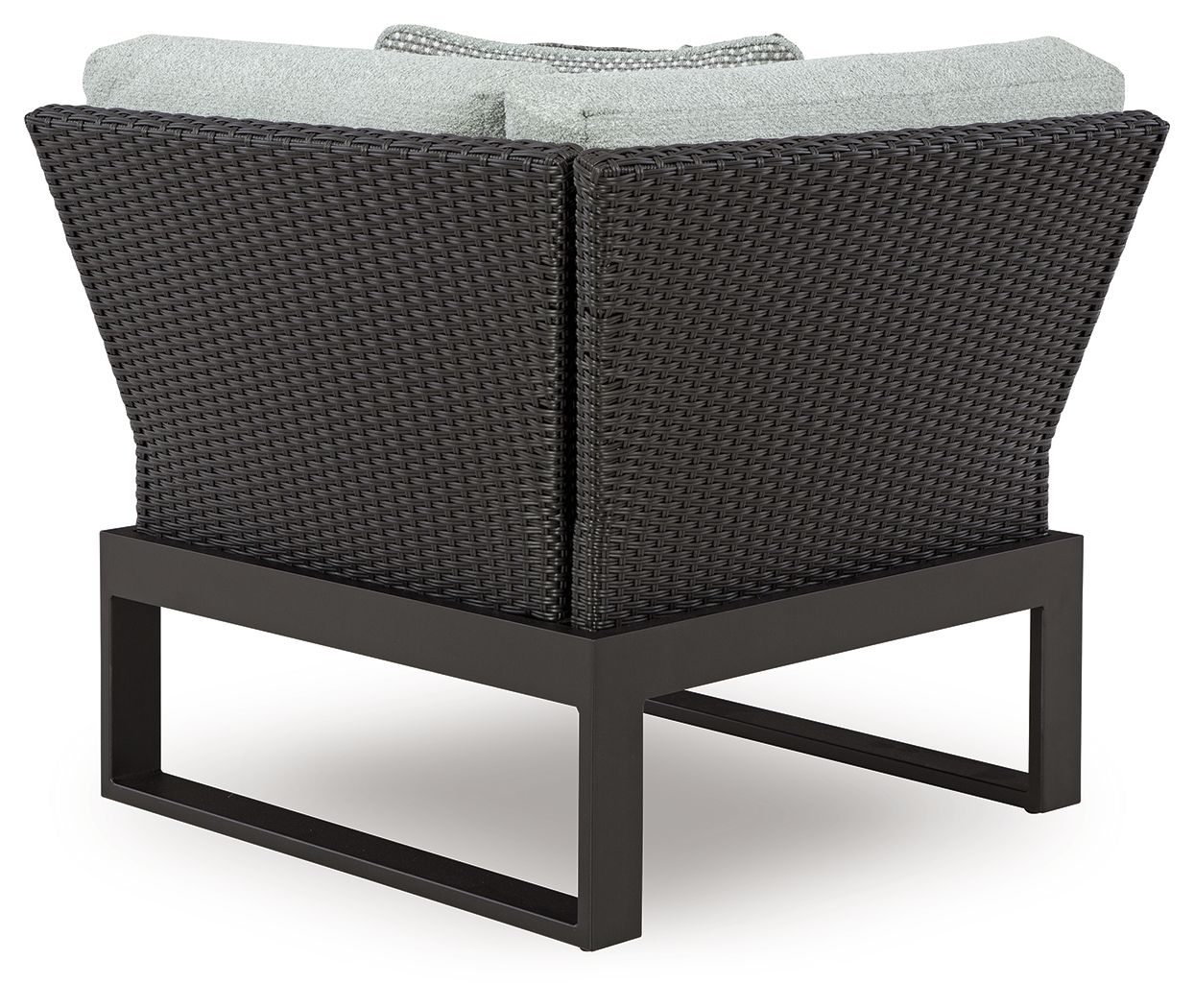 Black outdoor corner chair with gray seat cushion and woven back