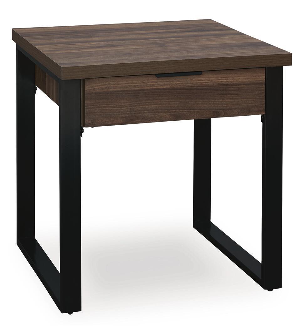 Rectangular dark brown table with one front drawer and black angled legs