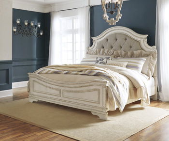 King panel bed rails in chipped white, with paneled headboard and footboard.