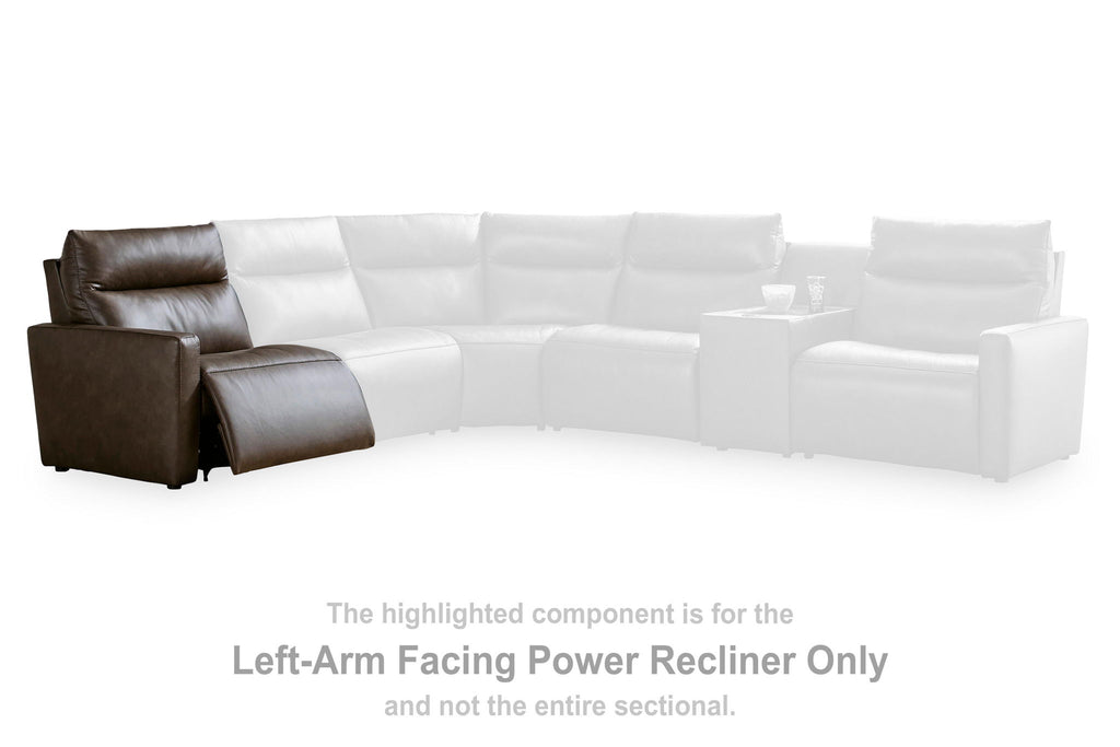 Left-arm facing power recliner section component with dark brown upholstery