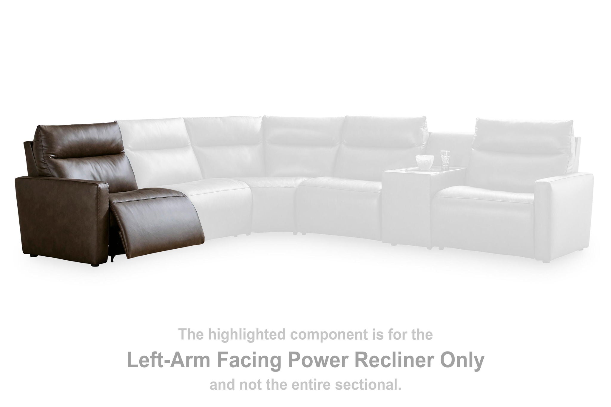 Left-arm facing power recliner section component with dark brown upholstery