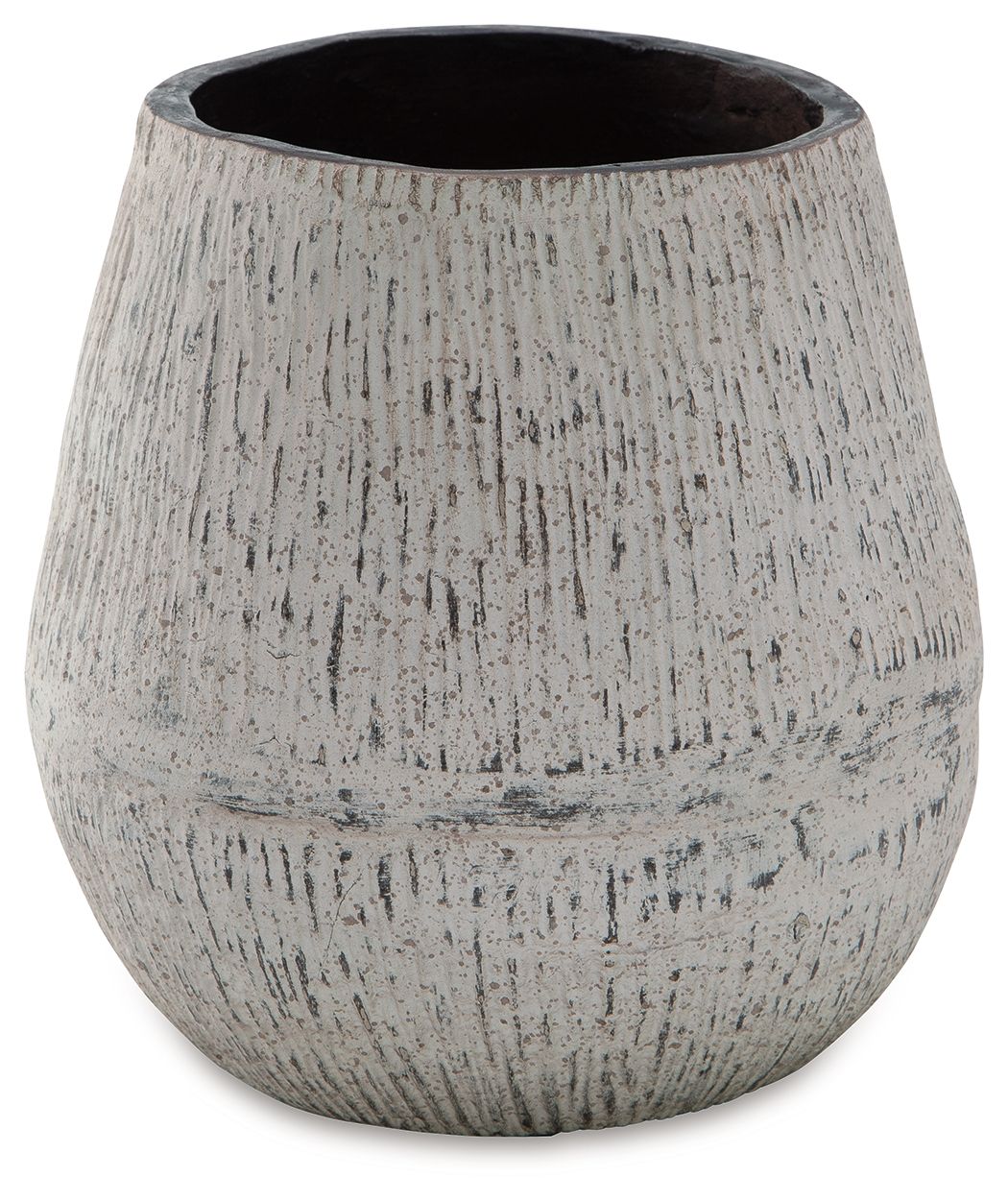 Ceramic vase with dark interior rim and speckled light gray, textured body