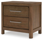 Cabalynn light brown two-drawer night stand, angled view, silver bar handles