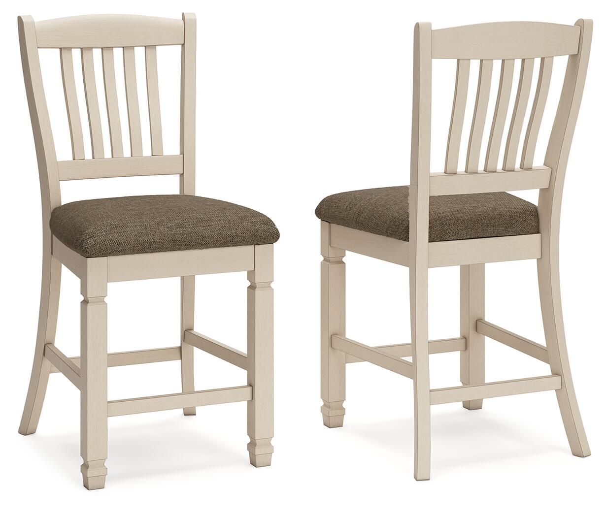 Pair of beige barstools with slatted backs and padded, dark fabric seats