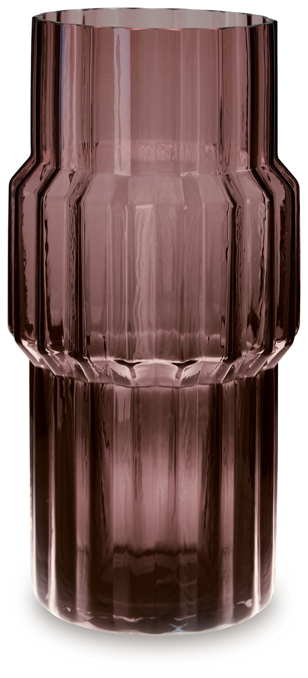 Purple faceted glass vase with octagonal shoulder and vertical cut pattern