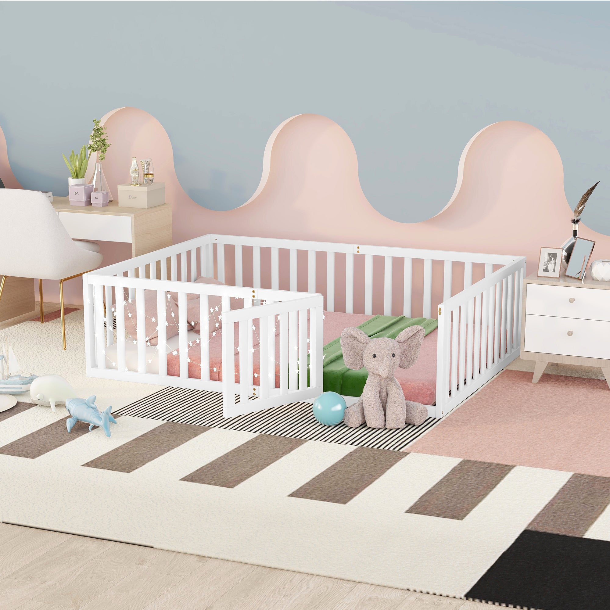 White Wood Daybed Frame w/ Fence