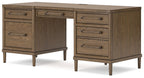 Brown home office desk with drawers on both ends and open center