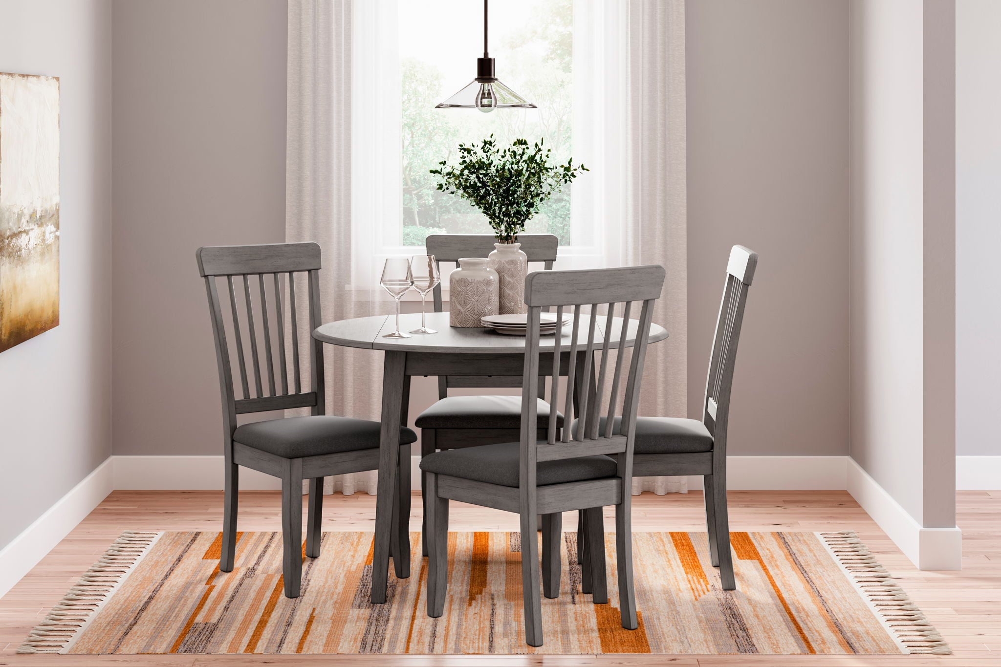 Gray dining set with drop-leaf table and four upholstered side chairs