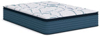 Queen plush PT 3.0 mattress, white top with blue leaf pattern, dark teal base