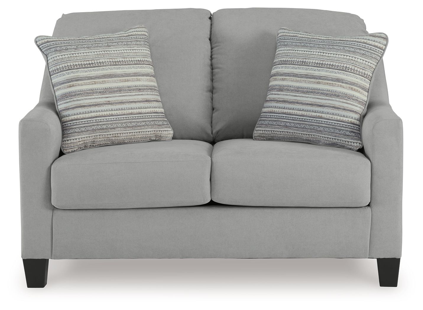 Gray upholstered loveseat with two front seat cushions and two striped back pillows
