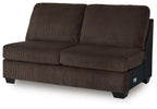 Armless loveseat in dark chocolate brown striped fabric with tufted seat and back
