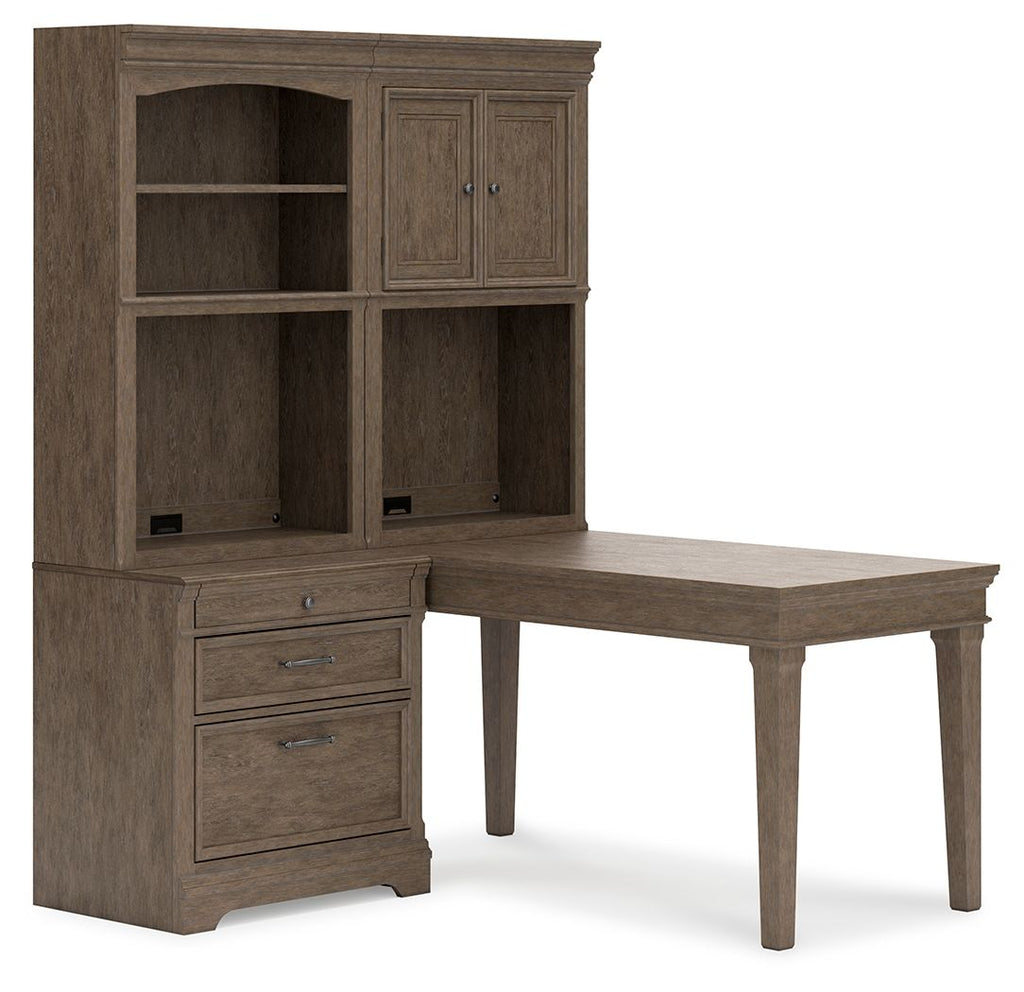 Weathered gray door hutch with two cabinet doors and three open shelves, on desk unit