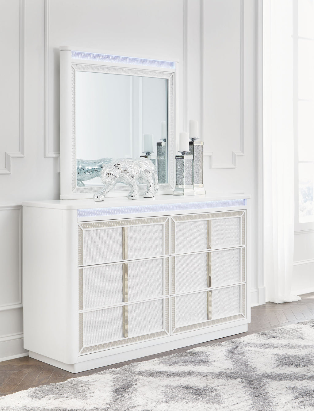 White dresser with attached mirror and mesh-trim grid doors