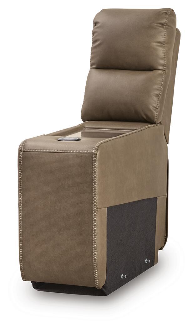 Taupe upholstered console chair with open storage tray and dark front speaker grille