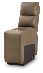 Taupe upholstered console chair with open storage tray and dark front speaker grille